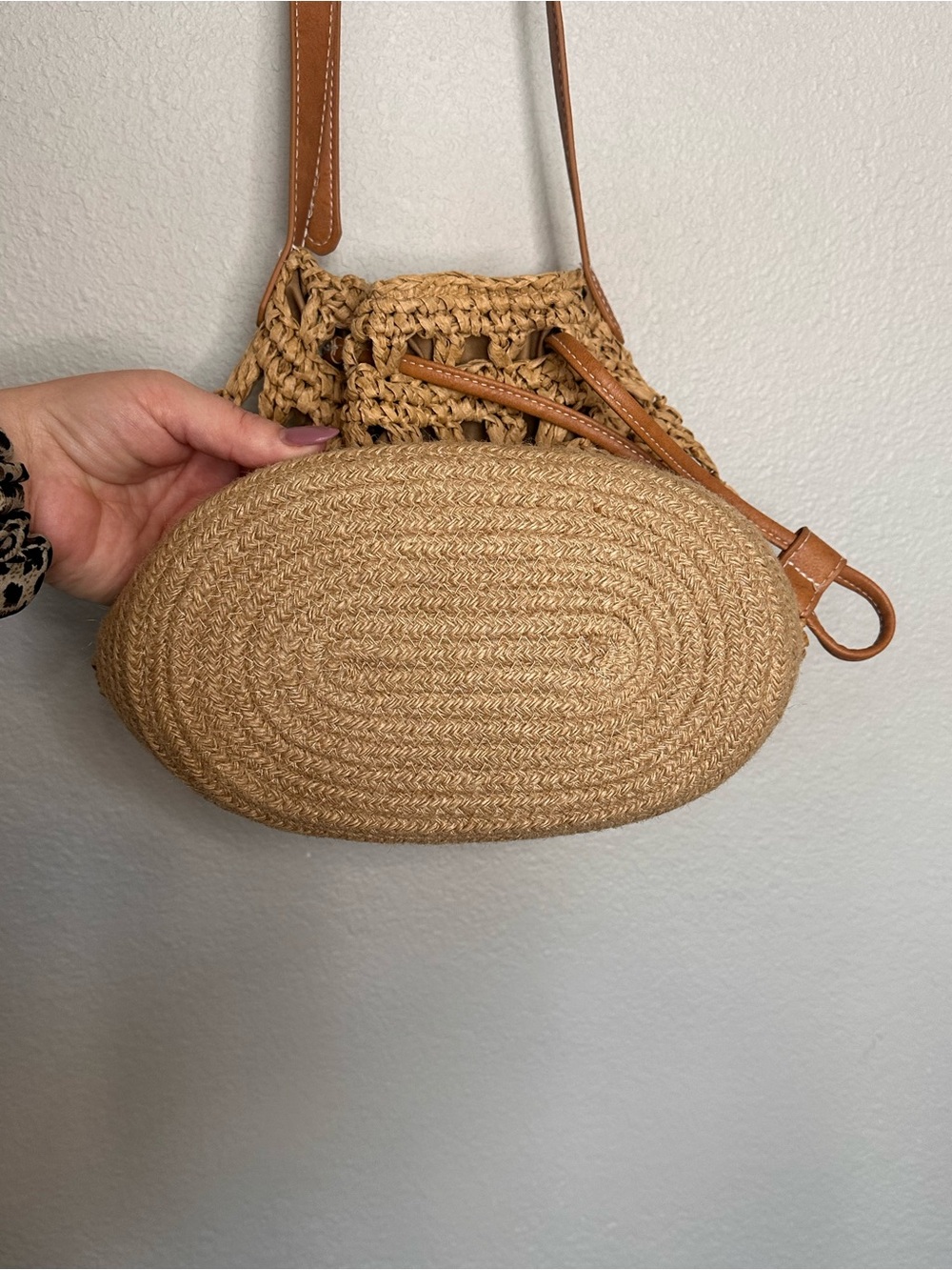 Woven Drawstring Bucket Bag with Brown Leather Strap - Picture 3 of 5